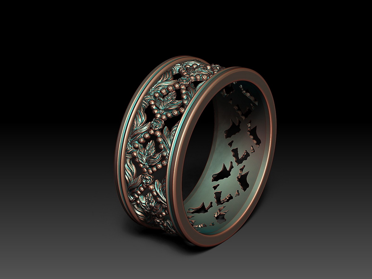 Braided Floral Ring shown from an angled view, featuring an intricate sculptural floral ornament with interwoven elements and a smooth inner surface.